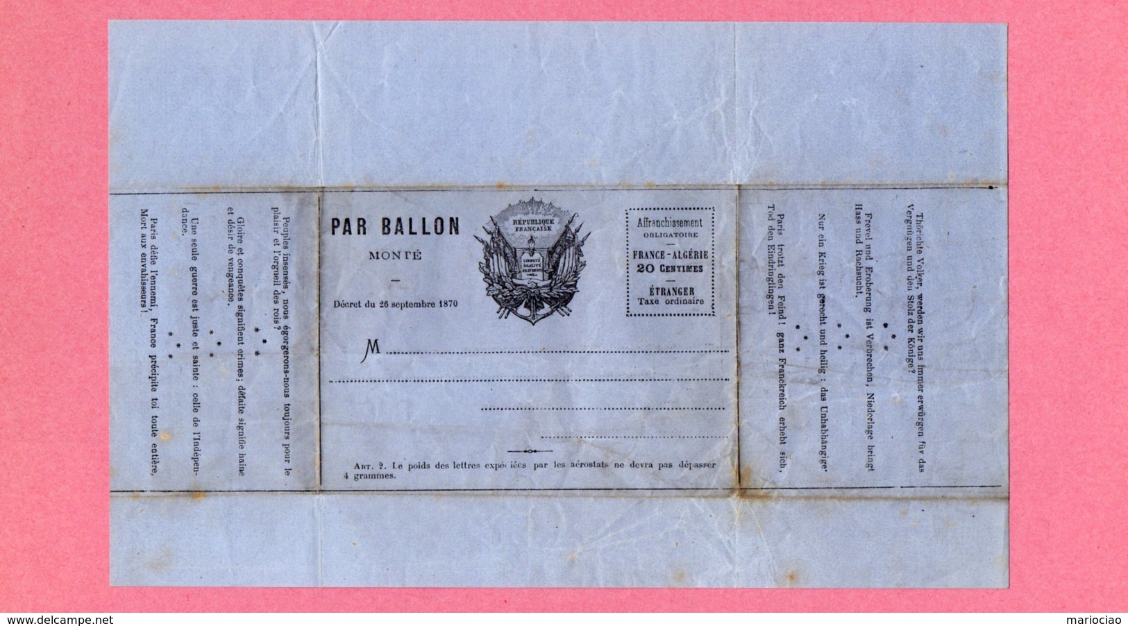 D-FR MONTGOLFIERE Envoi Par Ballon Monté Décret Du 26 Septembre 1870 Papier Bleu - Documents Historiques