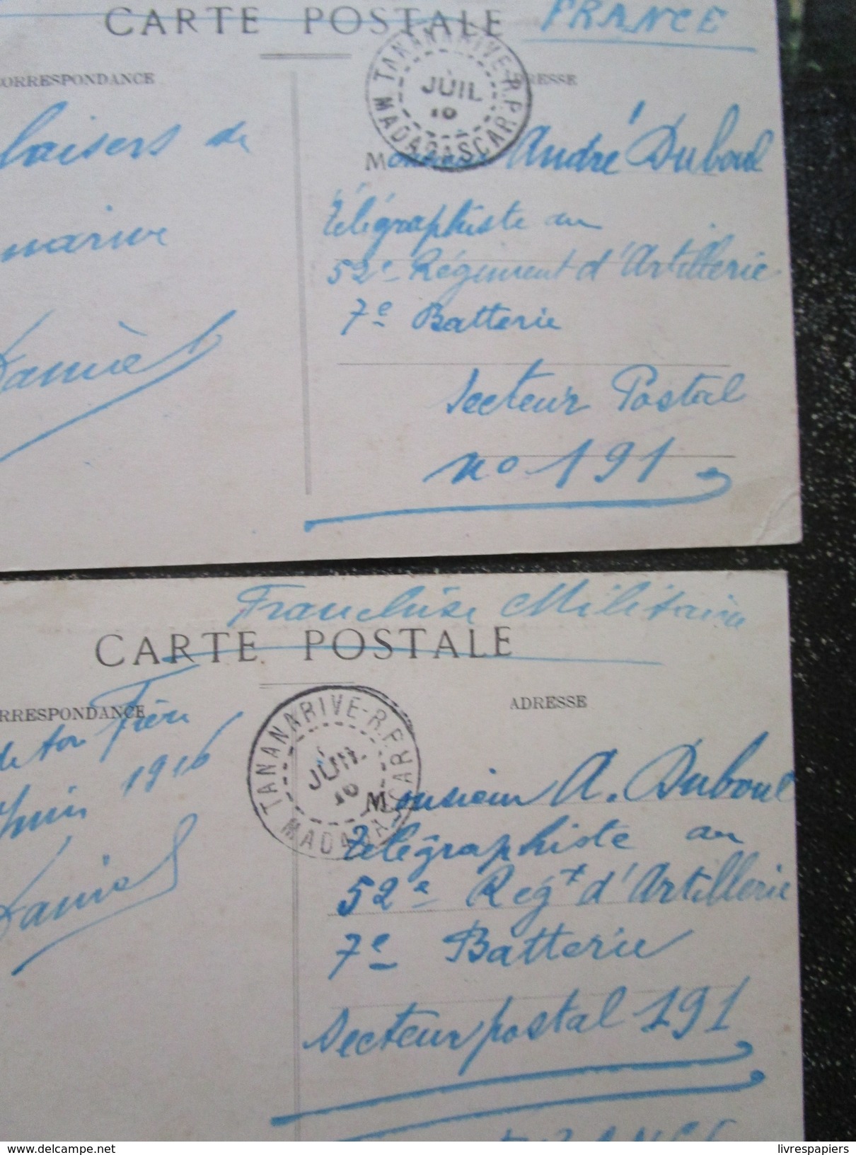 Madagascar Lot  3  Cpa  Franchise Militaire 1916 WW1 Adresse Regiment D'artillerie Secteur Postal 191 - Madagascar