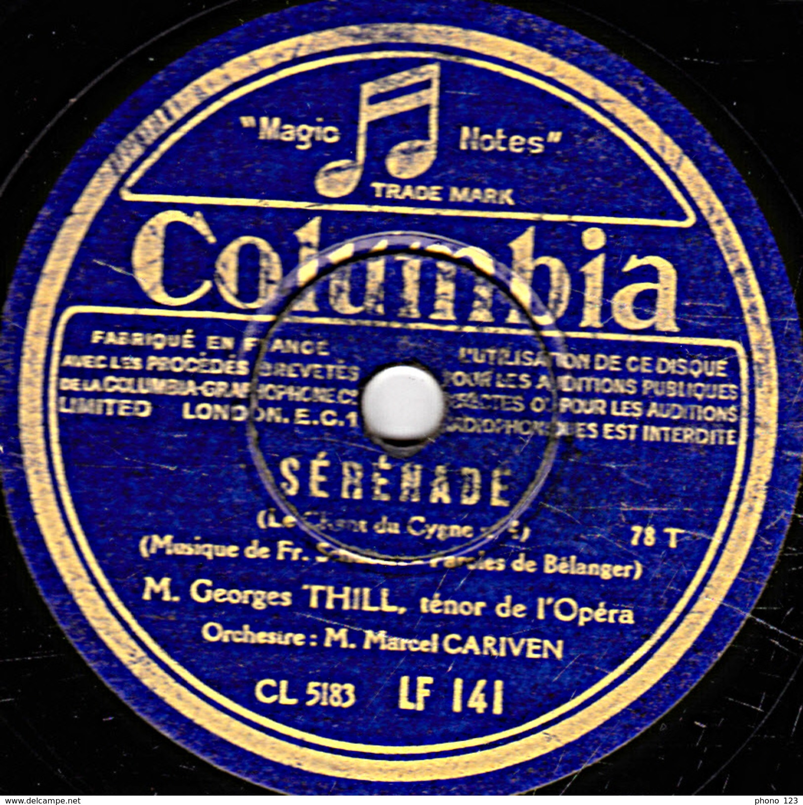 78 T. - 25 Cm - état B -  Georges THILL - SERENADE - LA TRUITE - 78 T - Disques Pour Gramophone