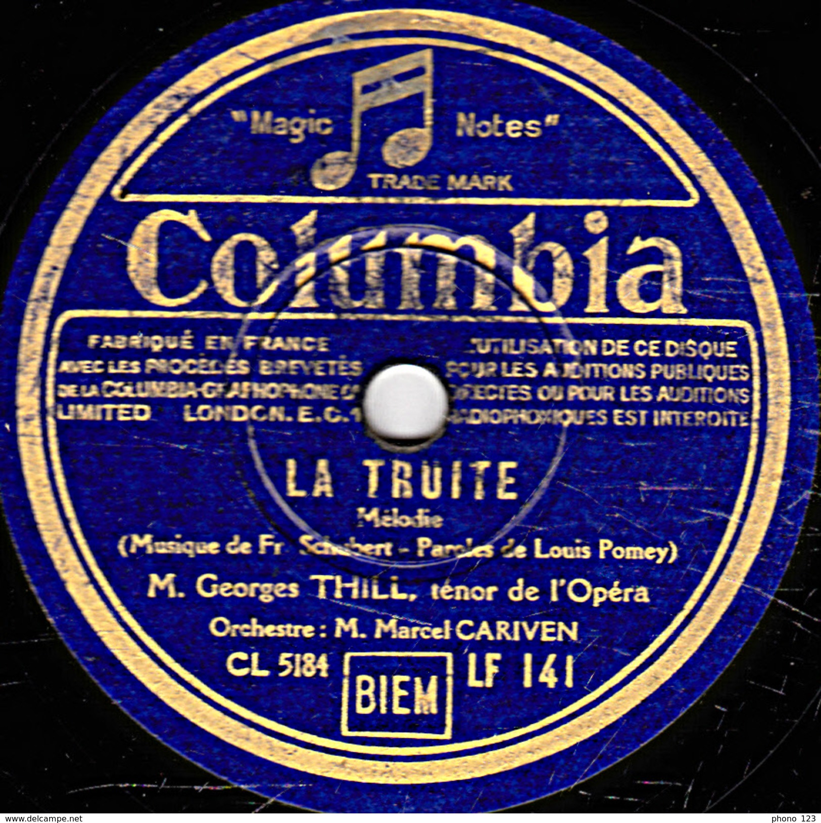 78 T. - 25 Cm - état B -  Georges THILL - SERENADE - LA TRUITE - 78 T - Disques Pour Gramophone