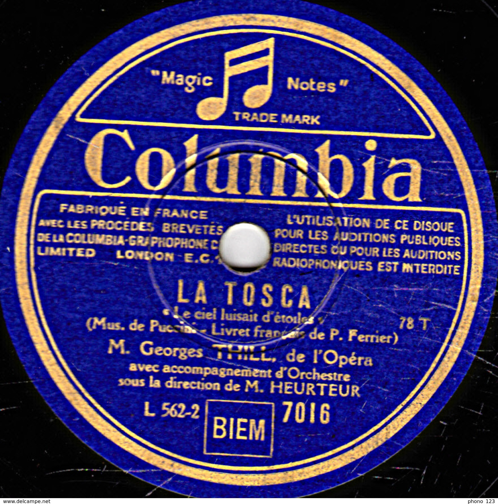 78 T. - 25 Cm - état B -  Georges THILL -  LA TOSCA - PAILLASSE - 78 T - Disques Pour Gramophone