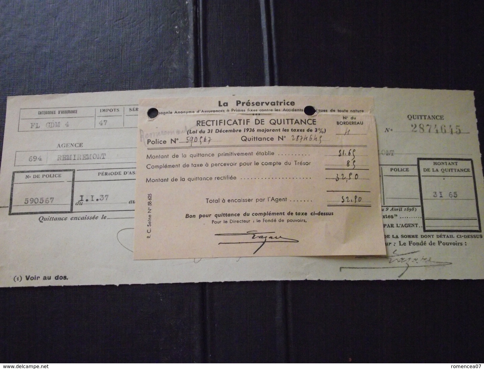 REMIREMONT (Vosges) - Quittance Et Rectificatif - La PRESERVATRICE - 1er Janvier 1937 - Bank & Insurance