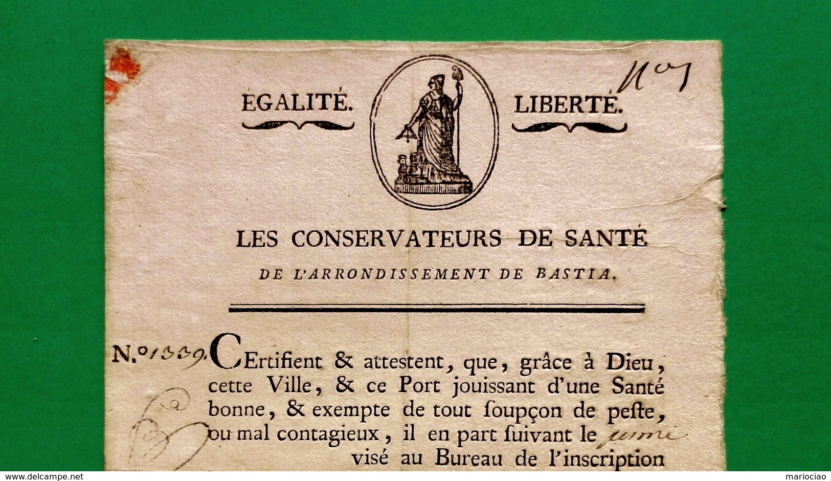 D-FR CORSE 1798 Patente De Santé Pour La PESTE, Navire De Bastia à Marseille - Documents Historiques