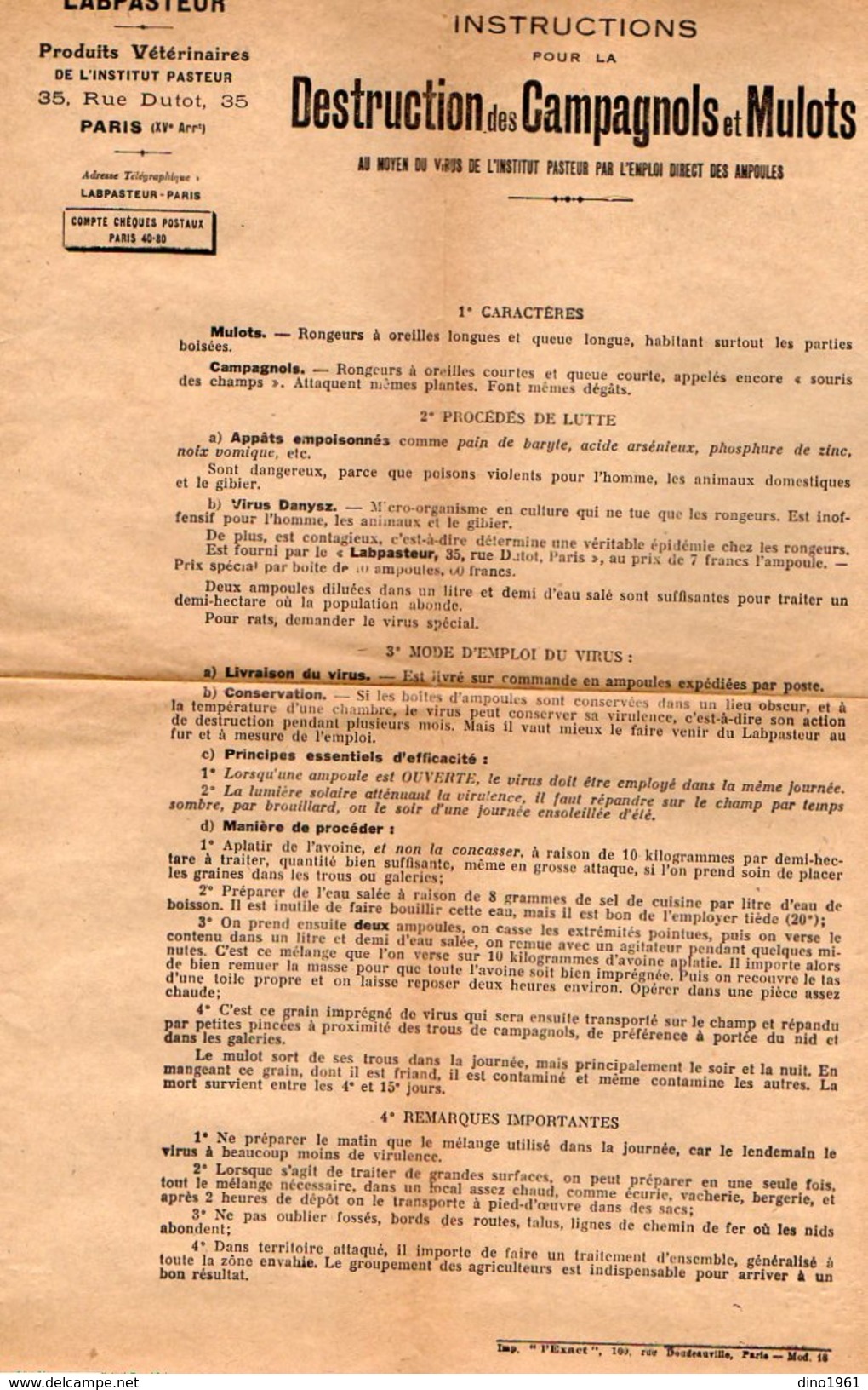 VP7538 - PARIS - Affichette - Institut PASTEUR - LABPASTEUR - Instruction Pour La Destruction Des Campagnols & Mulots - Afiches