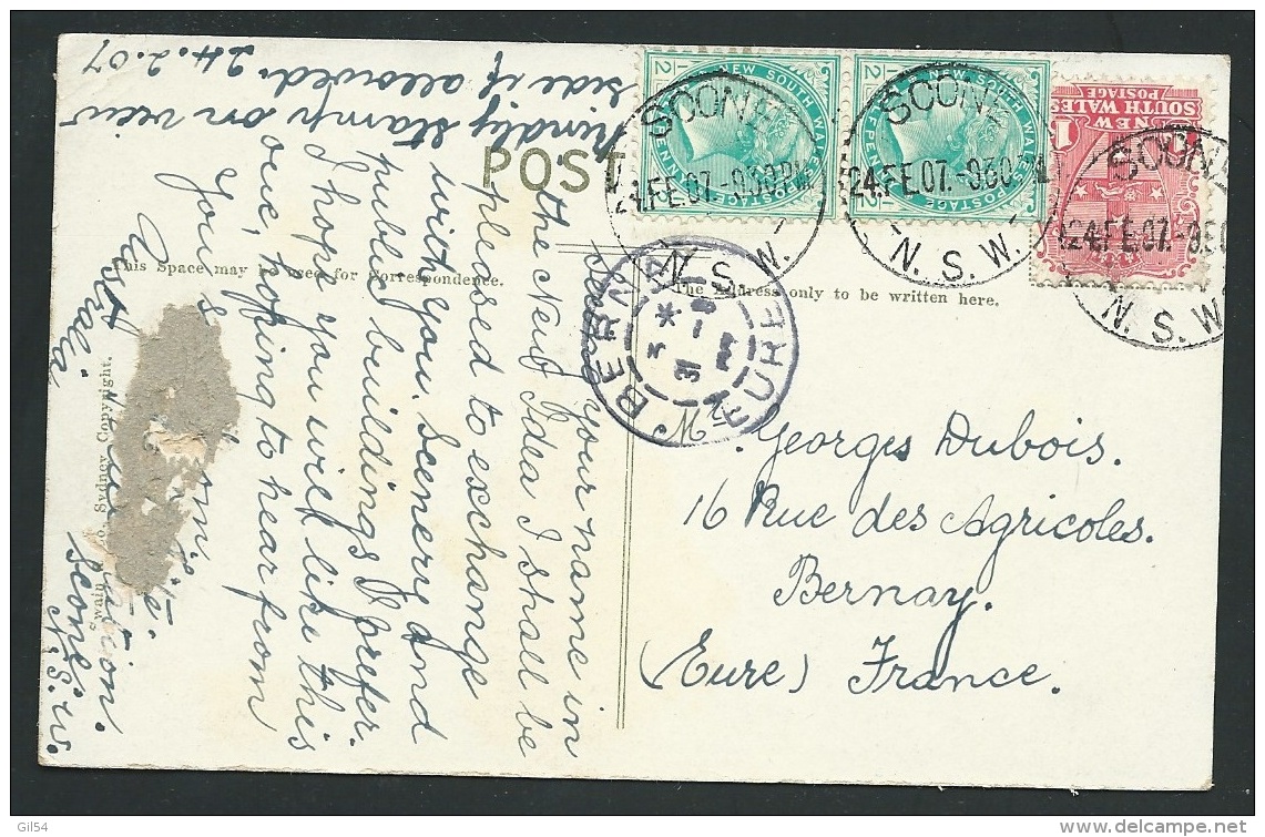 Nlle Galles Du Sud  - Yvt N° 88 + 87 X 2  Sur Cpa Pour La France   En Fev 1907  - Obf0706 - Cartas & Documentos