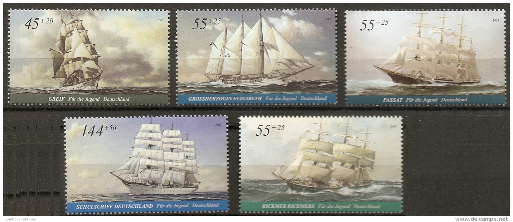 Germany, 2005, Large Sailing Ships - Brig, Barque, Barc, Schooner, Clipper, 5 Values MNH - Schiffe