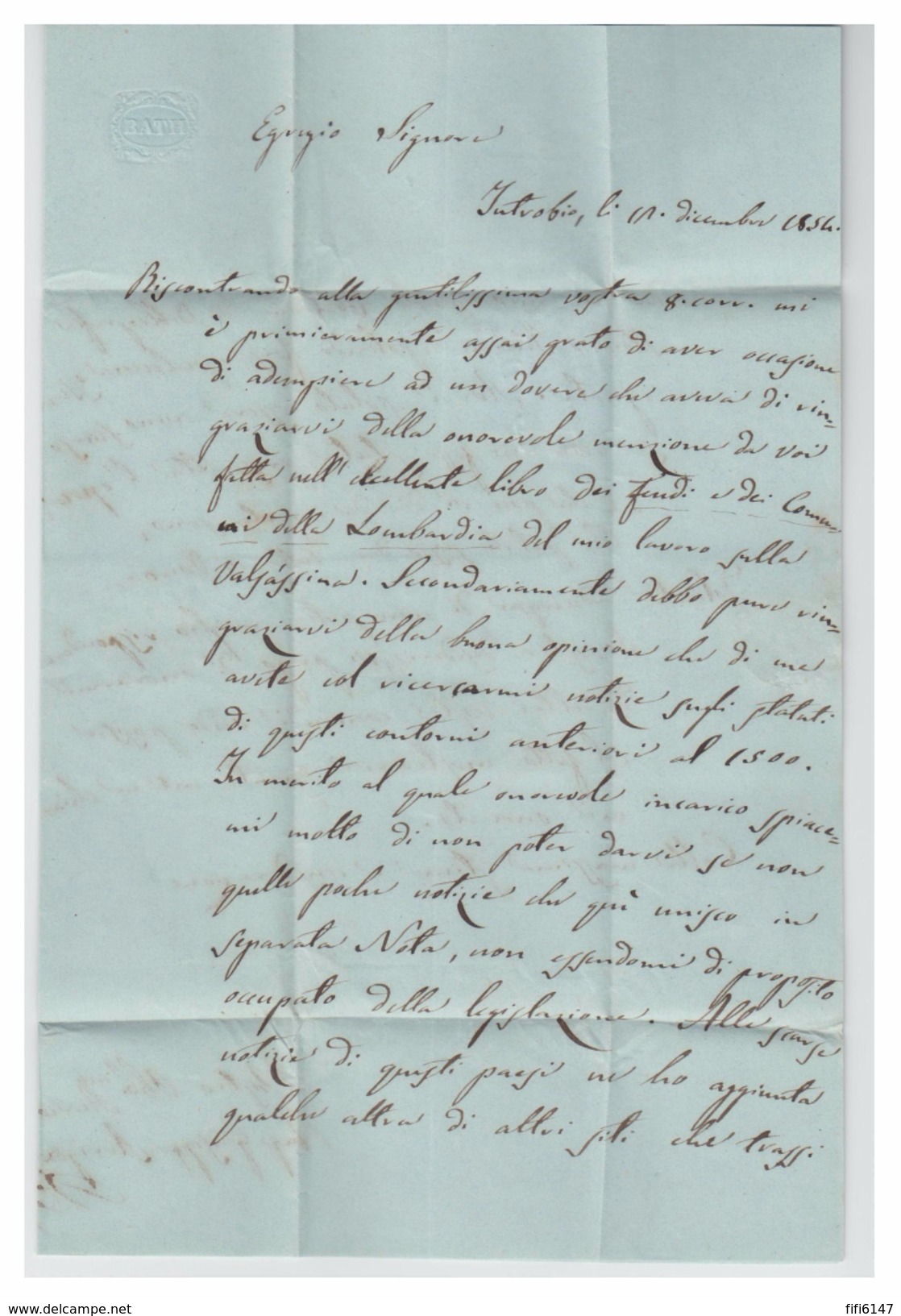 ITALIE--LOMBARDO-VENETIE -- DECEMBRE 1851 -- LETTRE DE INTROBIO POUR BERGAME -- - Lombardy-Venetia