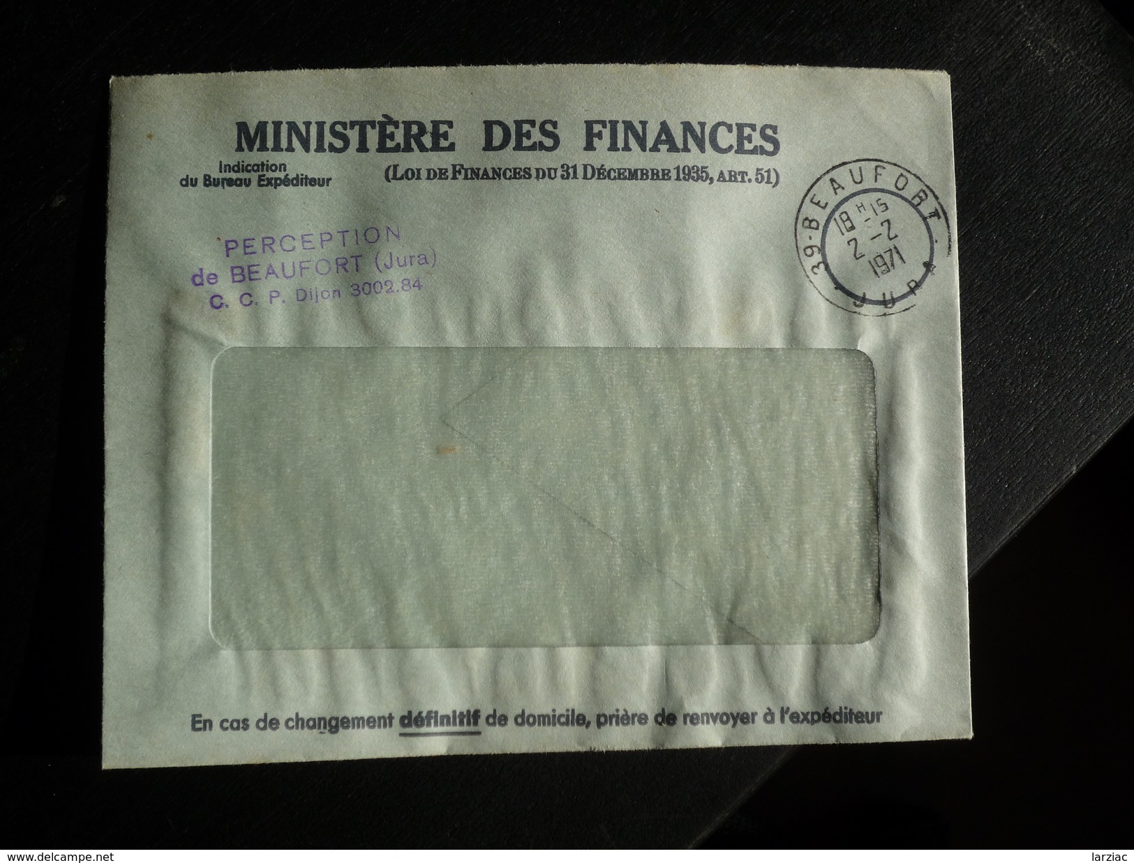 Enveloppe En Franchise Ministère Des Finances Perception De Beaufort Jura 1971 - Lettere In Franchigia Civile