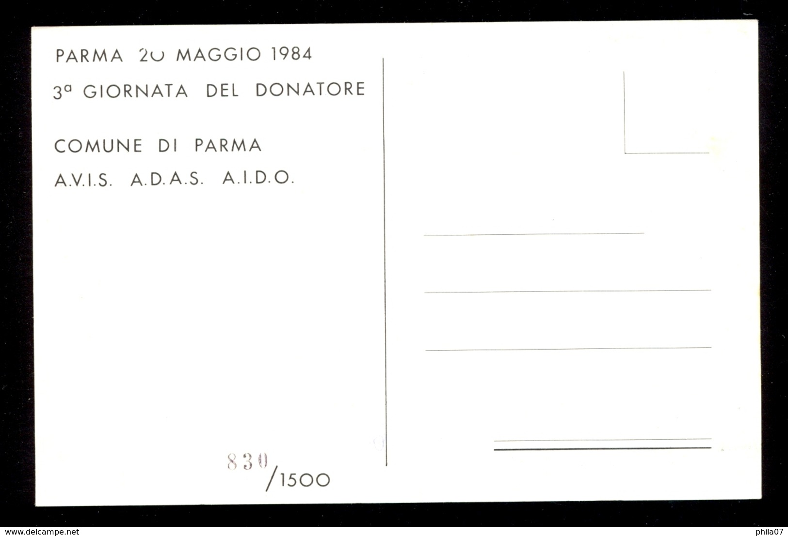 Avis E Solidarieta - Per Informazioni Rivogetevi All' Avis / Postcard Not Circulated - Werbepostkarten