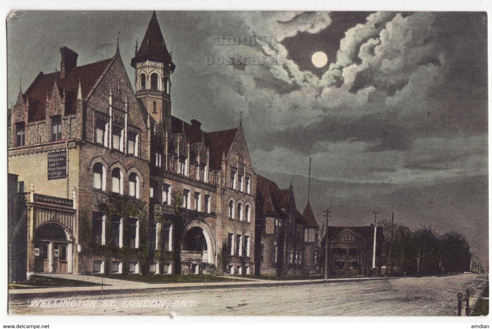 LONDON ONTARIO WELLINGTON STREET NIGHT VIEW BY MOONLIGHT 1900s Postcard Canada [6940] - London