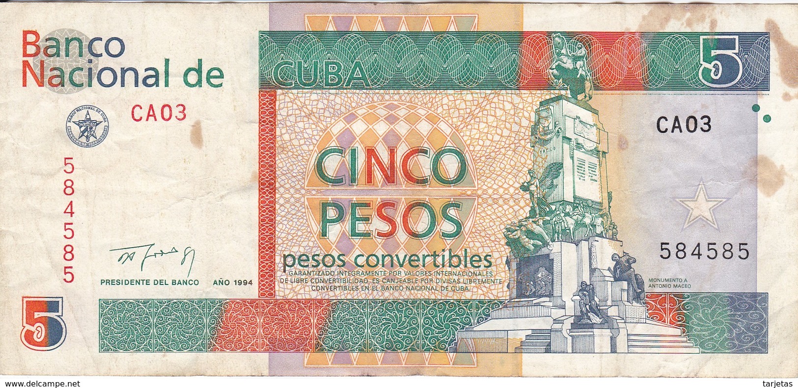 BILLETE DE CUBA DE 5 PESOS CONVERTIBLES DEL AÑO 1994  (BANKNOTE) ANTONIO MACEO - Cuba