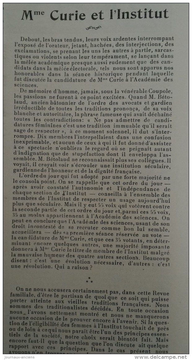 1910 LES ROMANICHELS - MARIE CURIE ET L'INSTITUT - LES PETITE EXPOSITIONS