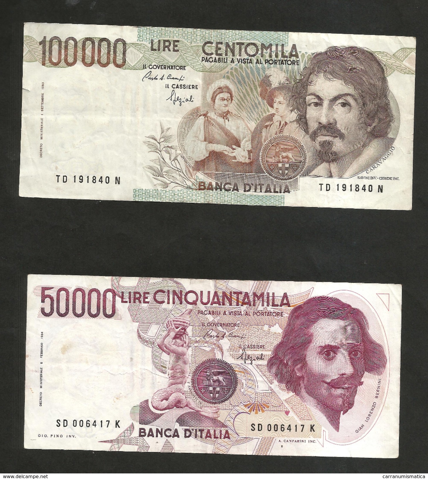 ITALIA - BANCA D'ITALIA - 100000 Lire CARAVAGGIO / 50000 Lire BERNINI  I° Tipo (Firme: CIAMPI / SPEZIALI ) LOTTO - 100000 Lire