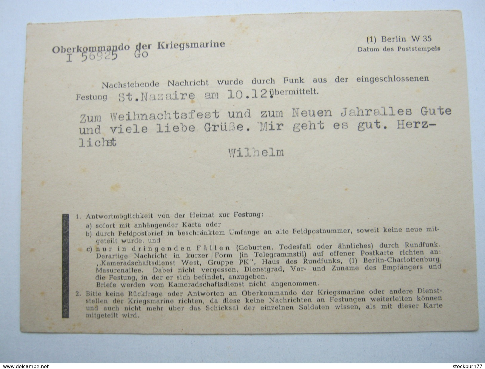1944 , Atlantikfestung St.Nazaire , Funknachrichtenkarte Vom 16.12.1944 Via Berlin , Sehr Gute Erhaltung - Lettres & Documents