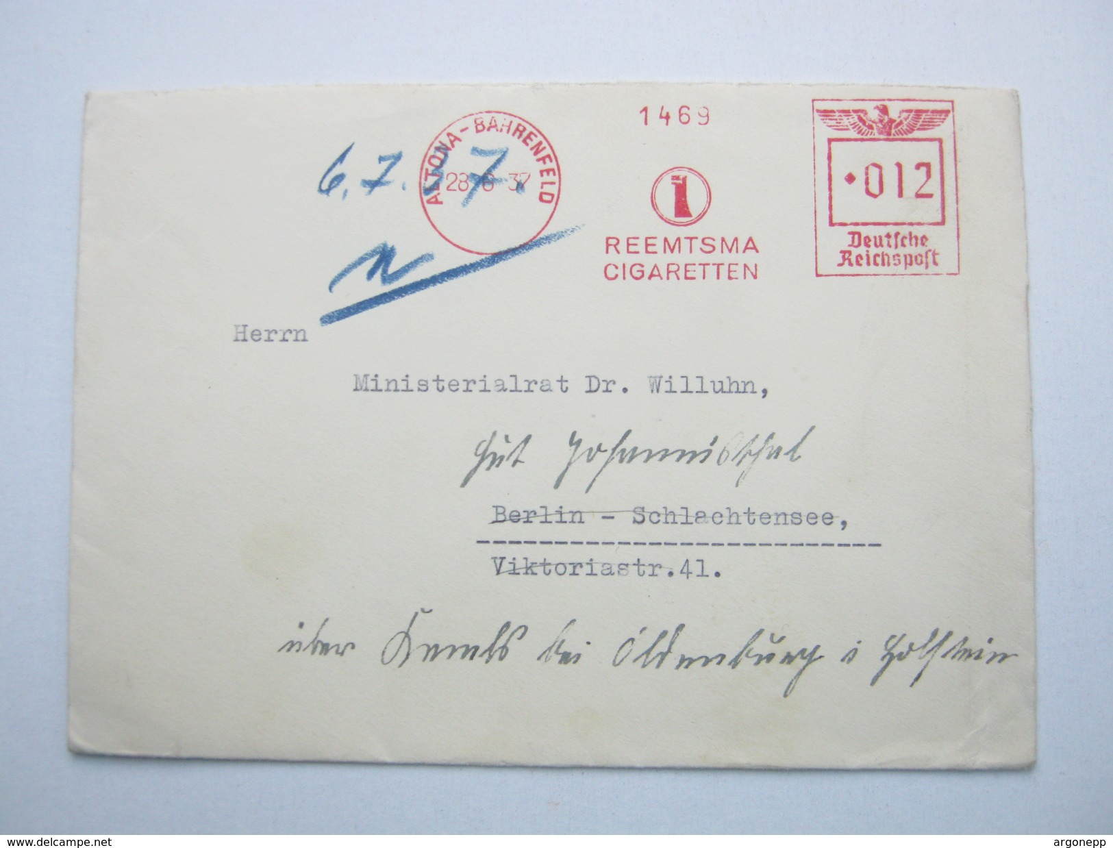 1937 , ALTONA , Firmenfreistempel Auf Brief - Lettres & Documents