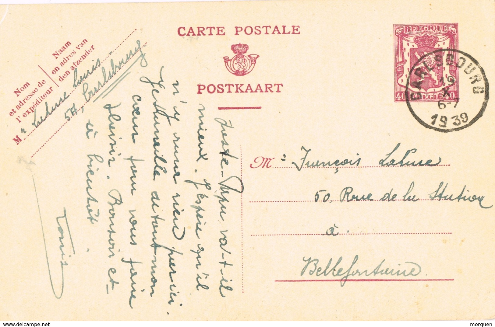 21056. Entero Postal CARLSBOURG (belgien) 1939 A Nellefontaine - Internationale Antwoordcoupons