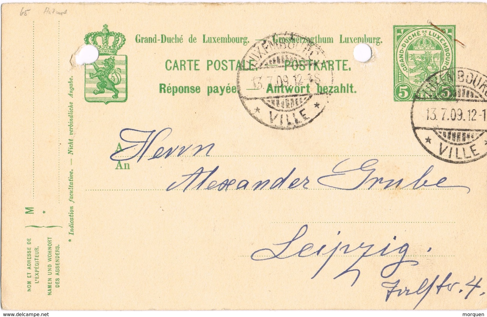 21057. Entero Postal LUXEMBOURG Ville 1909 A Allemagne - 1907-24 Scudetto