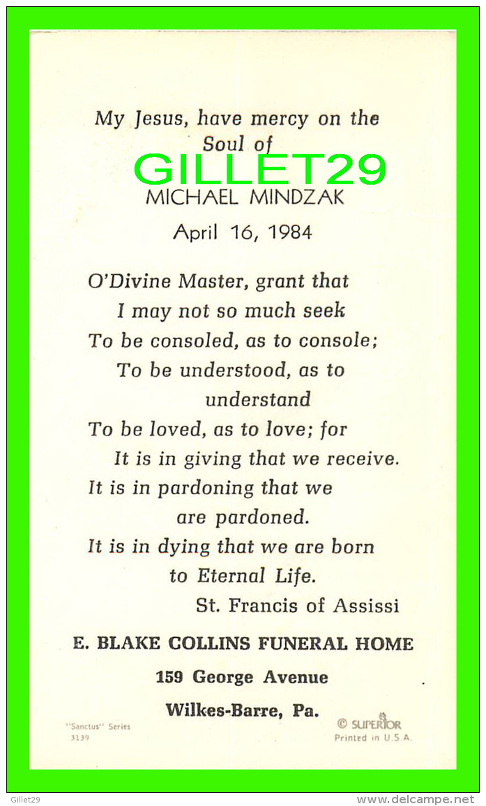 FAIRE-PART DÉCÈS - MICHAEL MINDZAK, 1984 - E. BLAKE COLLINS FUNERAL HOME, WILKES-BARRE, PA - - Décès