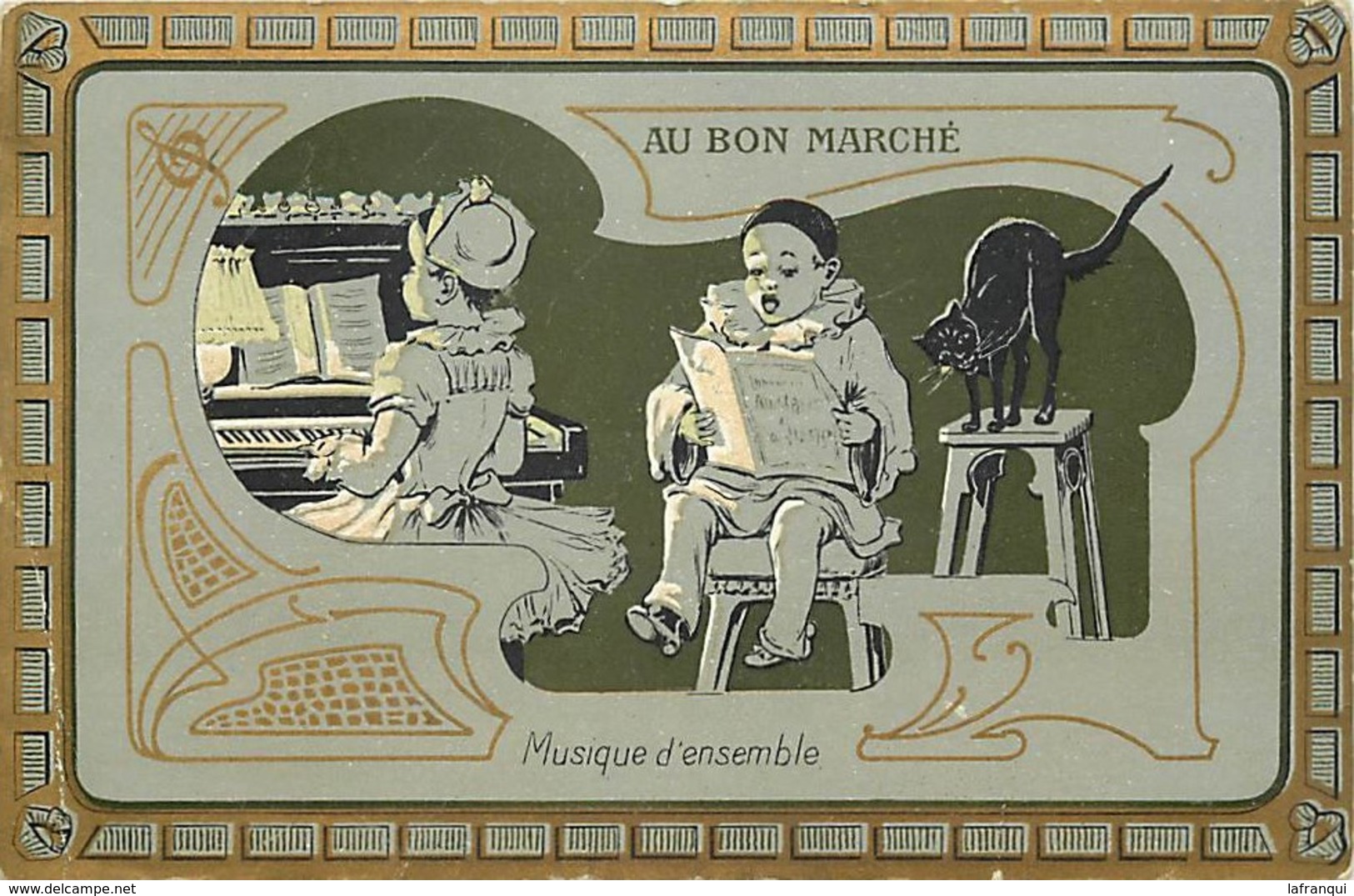 A100- Chromo Magasin Au Bon Marché - 16,5cms X 11cms - Musique D Ensemble Et Chat Noir -pierrot Et Colombine - - Au Bon Marché