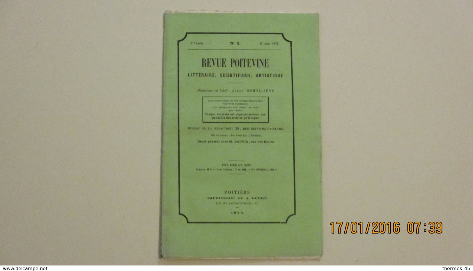 REVUE POITEVINE / 1ère Année N° 2 / 15 Mars 1873. - Poitou-Charentes