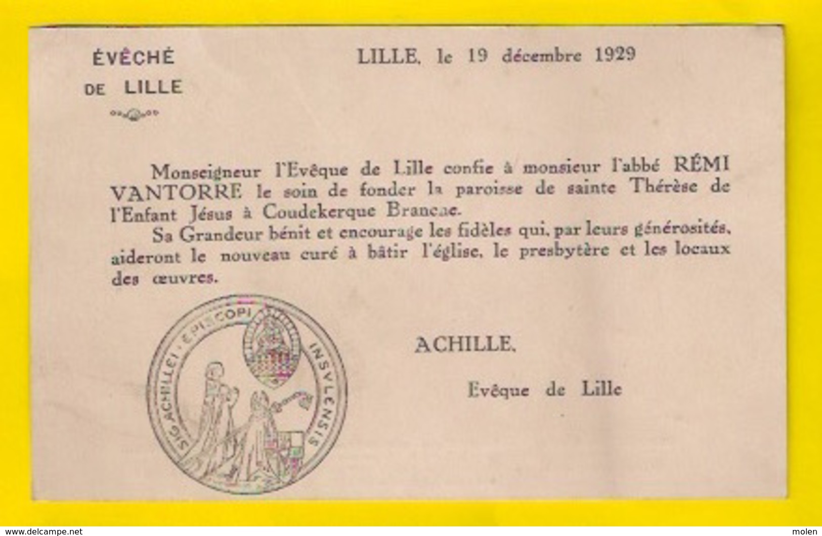 NOUVELLE PAROISSE Ste-THERESE EGLISE PRESBYTERE COUDEKERQUE-BRANCHE ABBE RELI VANTORRE * ACHILLE EVEQUE DE LILLE 3314 - Coudekerque Branche