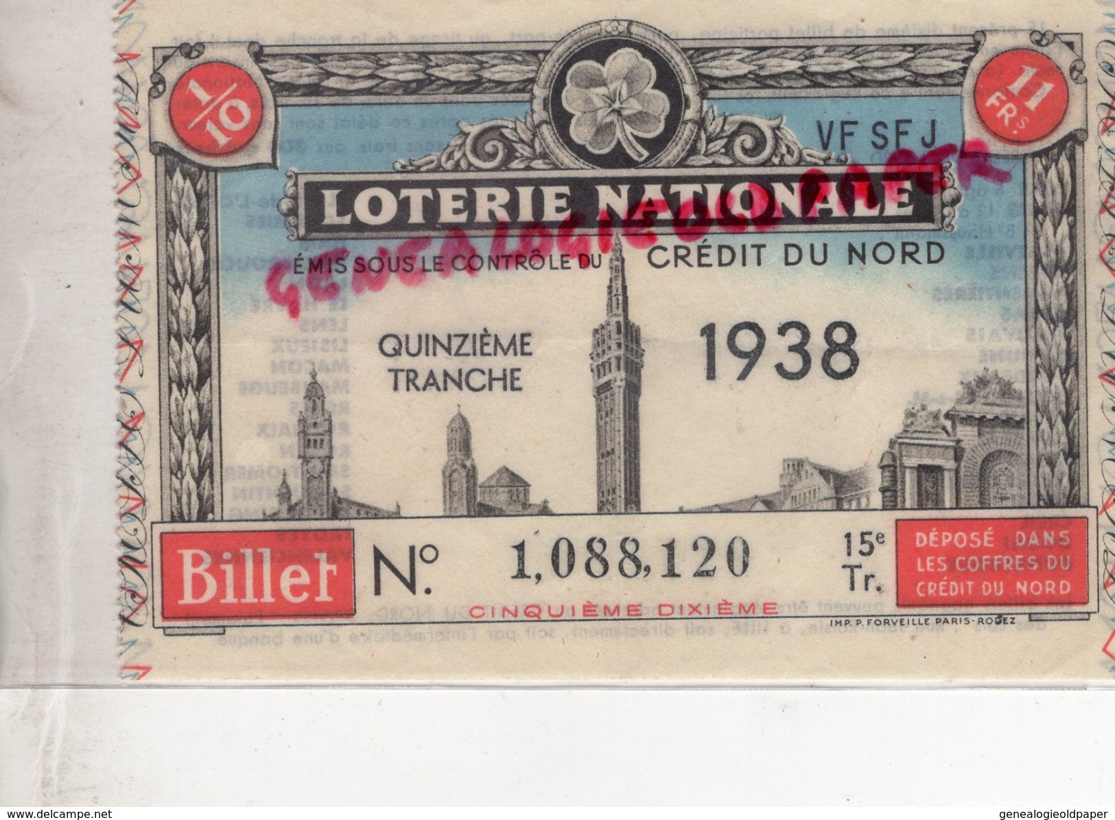 LOTERIE NATIONALE 1938- CREDIT DU NORD - Billets De Loterie
