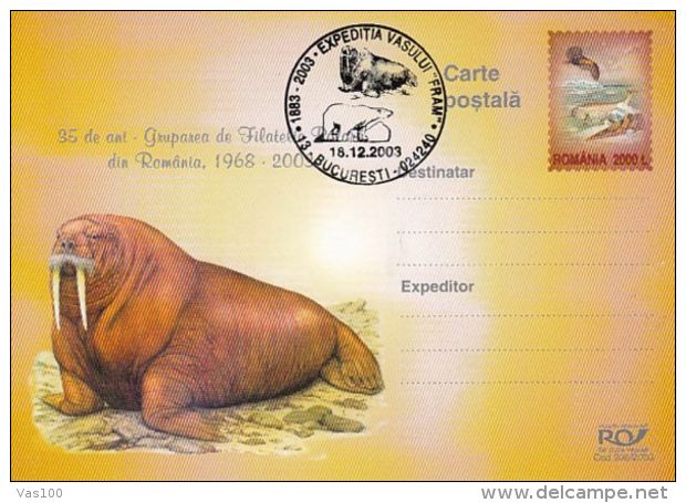 ARCTIC EXPEDITION, FRAM SHIP, WALRUS, POLAR BEAR, PC STATIONERY, ENTIER POSTAL, 2003, ROMANIA - Arctische Expedities