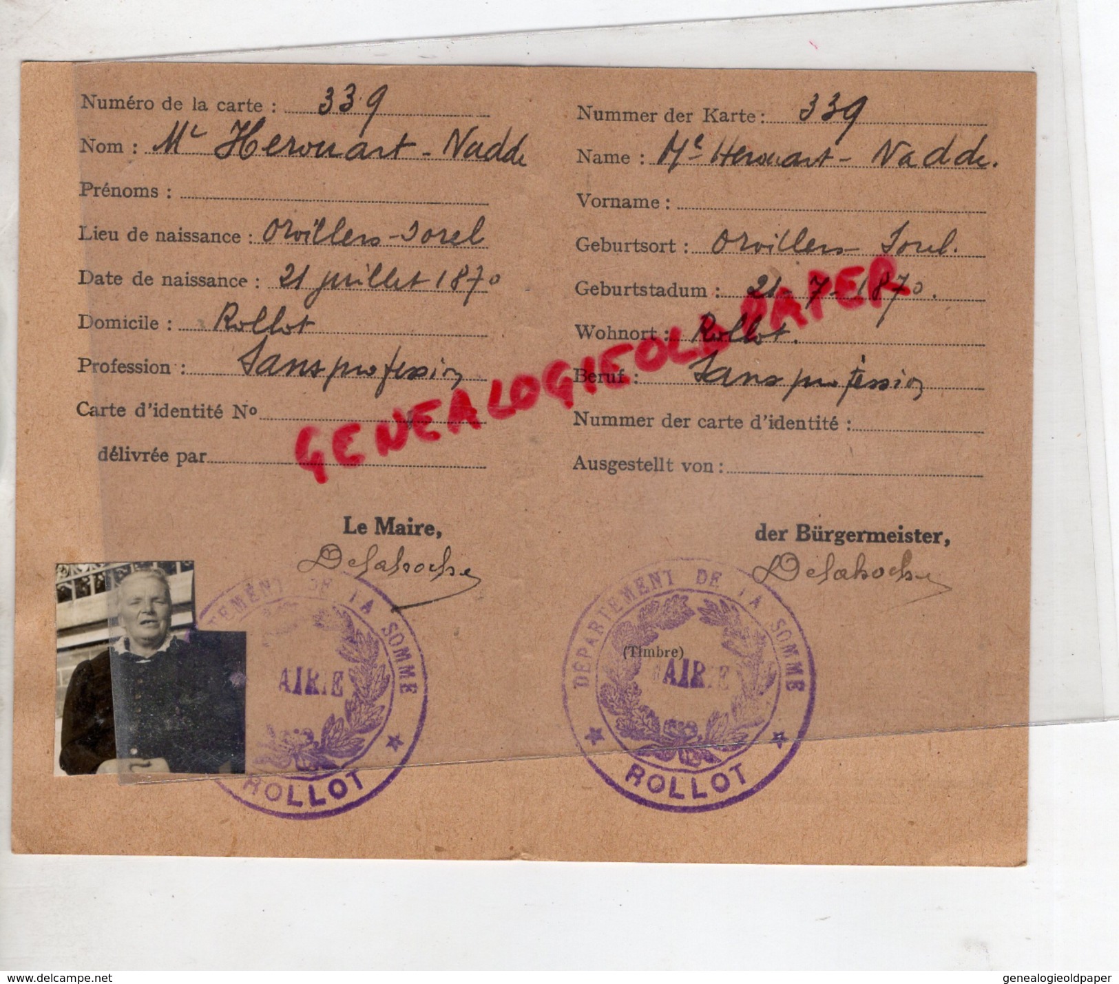 80 - ROLLOT- MME HEROUART NADDE- AUSWEIS- GUERRE 1939-1945  MILITARIA  WW2- - Historical Documents