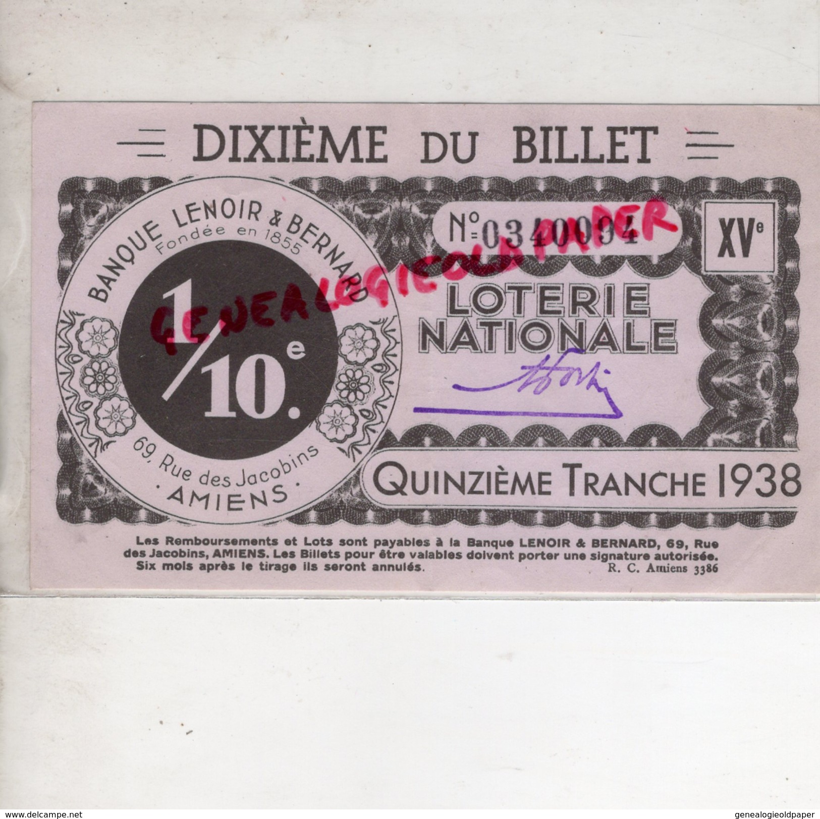 80- AMIENS - BILLET LOTERIE NATIONALE - 1938- BANQUE LENOIR & BERNARD- 69 RUE DES JACOBINS - Billets De Loterie