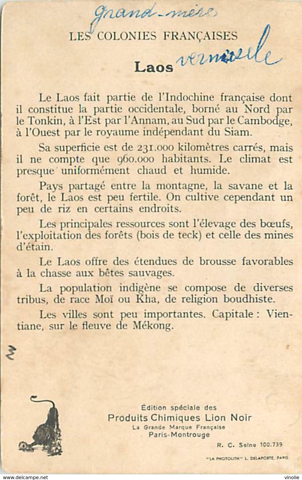 A-17-1178 :   LAOS  COLONIE FRANCAISE CARTE GEOGRAPHIQUE DU LION NOIR - Laos