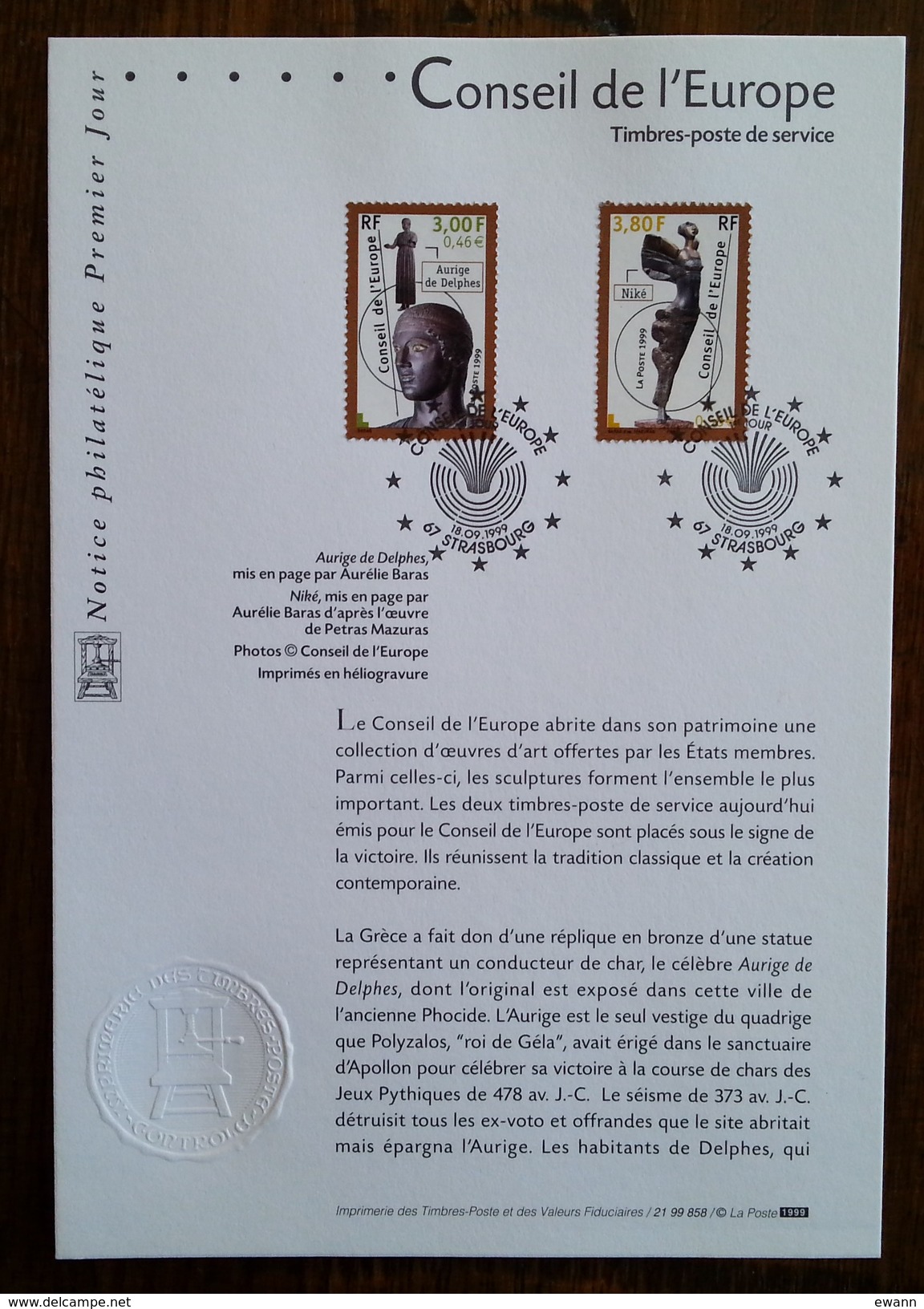 FDC Sur Document - YT Service N°120, 121 - CONSEIL DE L'EUROPE - 1999 - 1990-1999