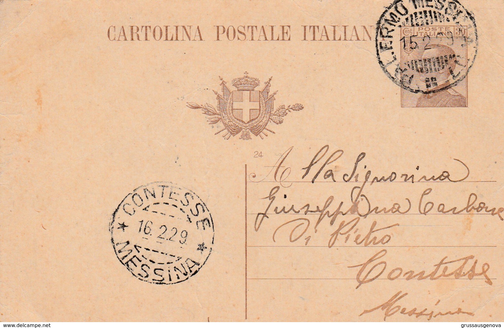 9785) CARTOLINA POSTALE 30 CENTESIMI VIAGGIATA 1929 AMBULANTE PALERMO MESSINA - Interi Postali