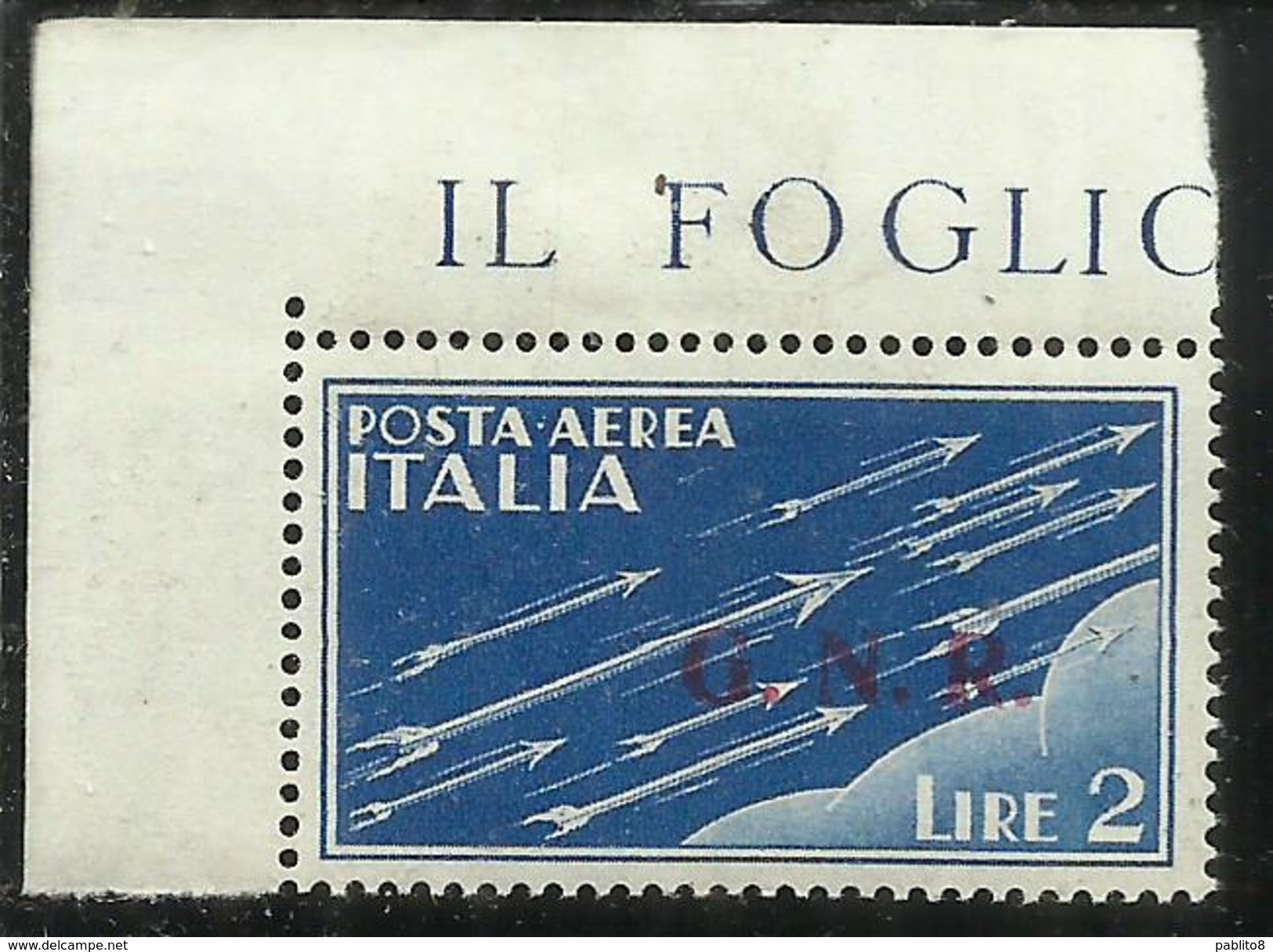 ITALIA REPUBBLICA SOCIALE RSI 1944 GNR BRESCIA II TIPO POSTA AEREA AIR MAIL LIRE 2 MNH OTTIMA CENTRATURA BORDO DI FOGLIO - Correo Aéreo