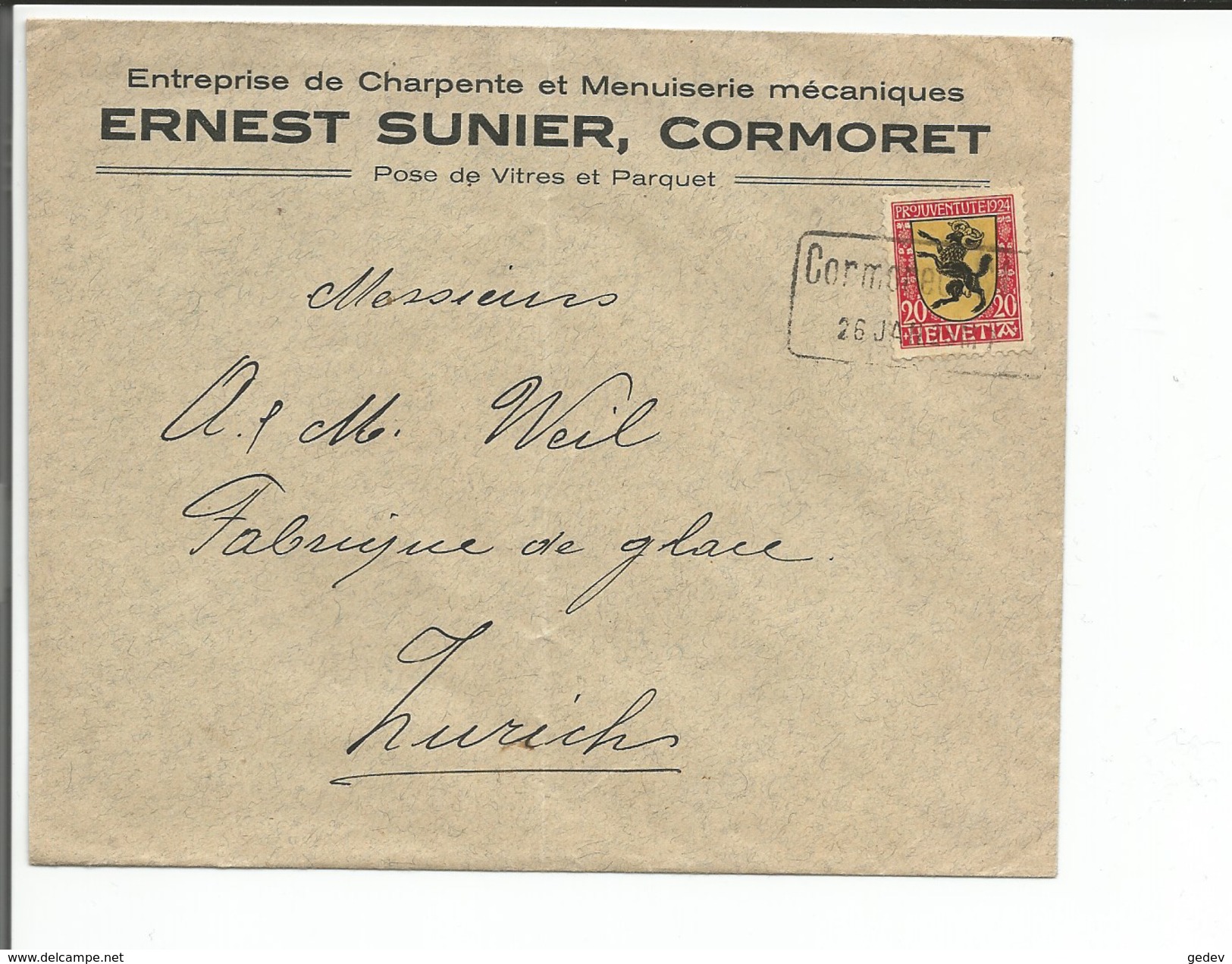 Lettre Suisse Timbre 20 Ct Pro Juventute Zst N° 31, Ernest Sunier Charpentier, Cormoret CFF - Zürich (26.1.25) - Lettres & Documents