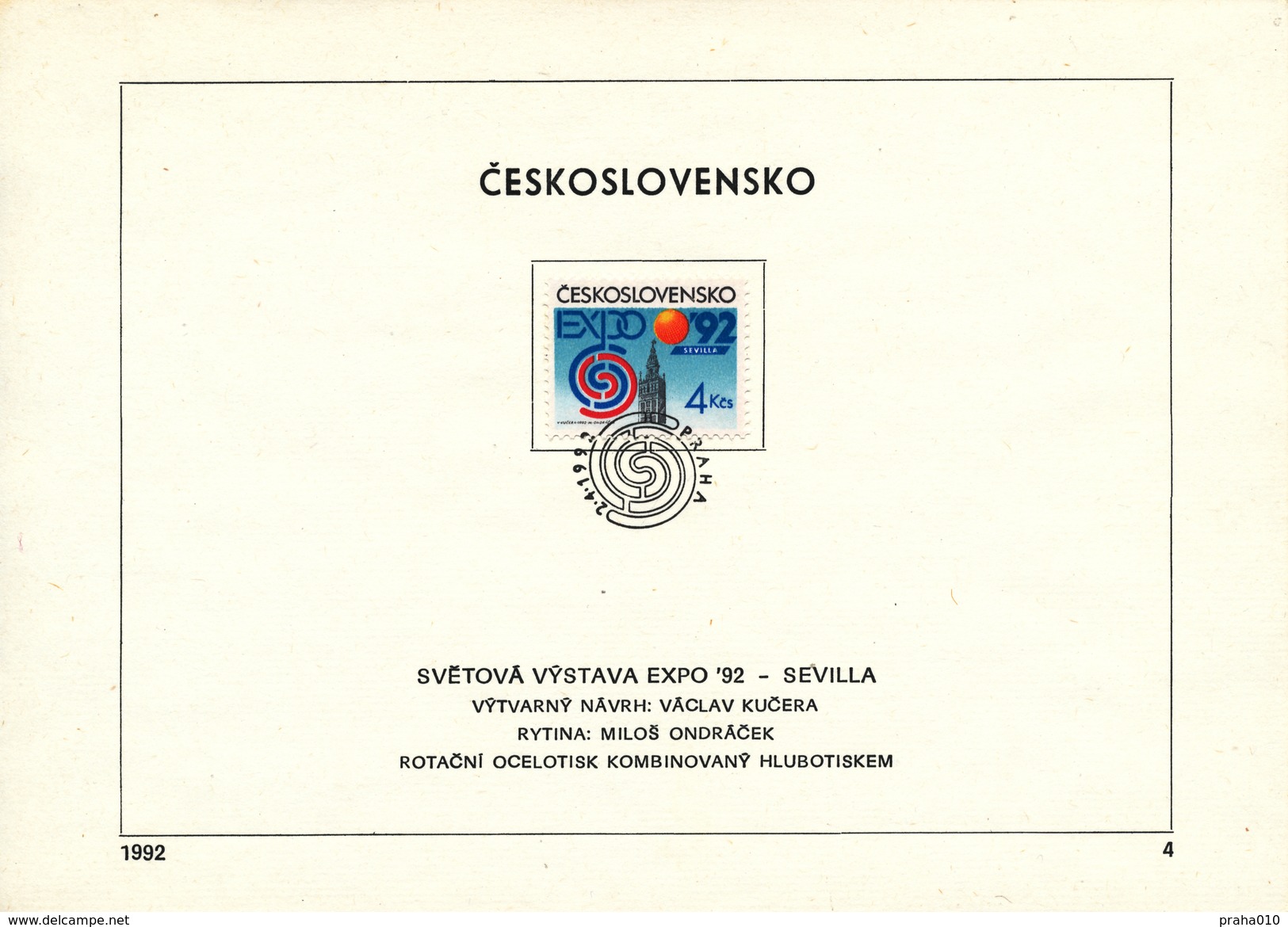 Czechoslovakia / First Day Sheet (1992/04) Praha: Universal Exposition 1992 Sevilla; Painter: Vaclav Kucera - 1992 – Sevilla (Spain)