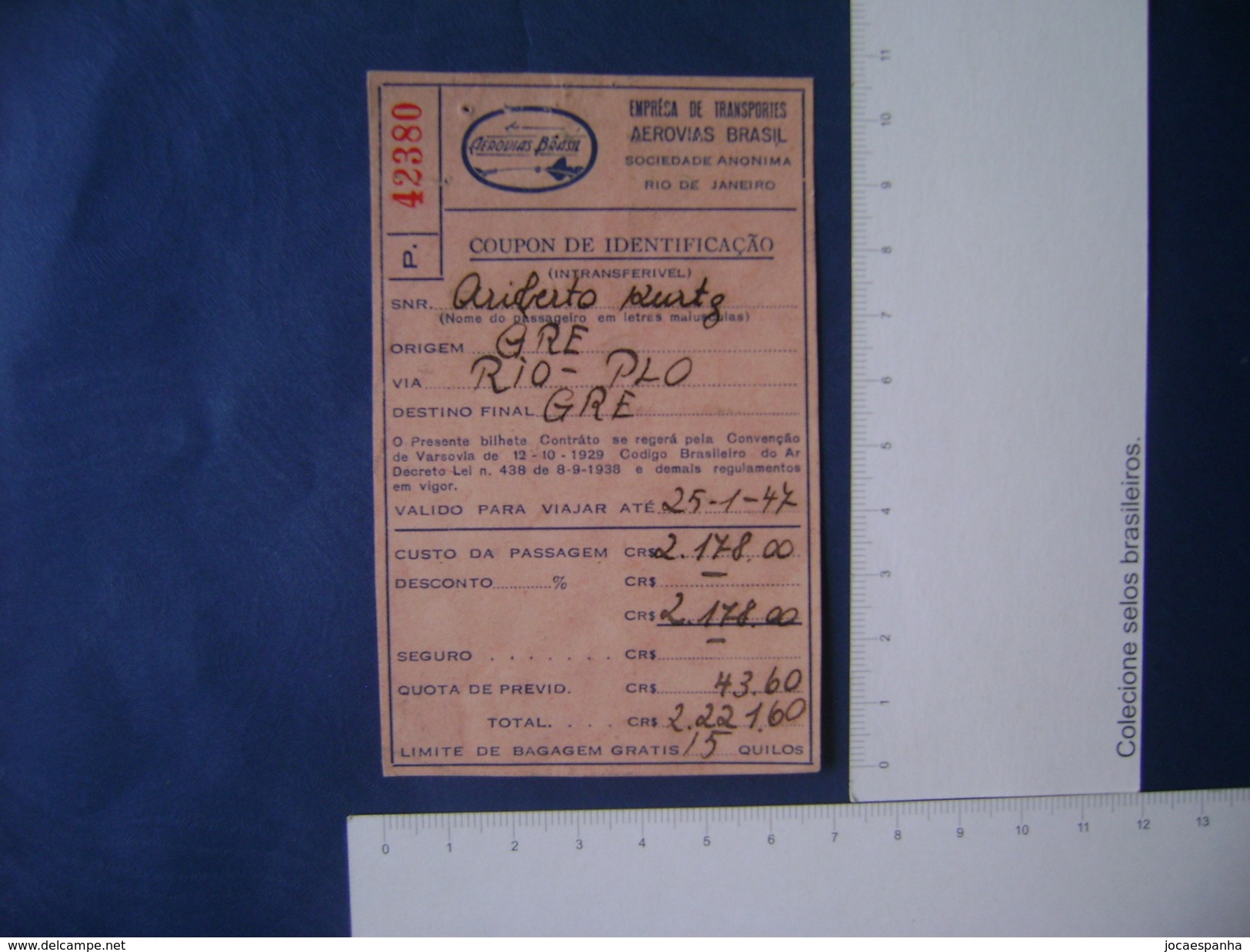 AVIATION - RARE CUPOM OF IDENTIFICATION OF AEROVIAS BRASIL IN 1947 IN THE STATE - Tarjetas De Embarque