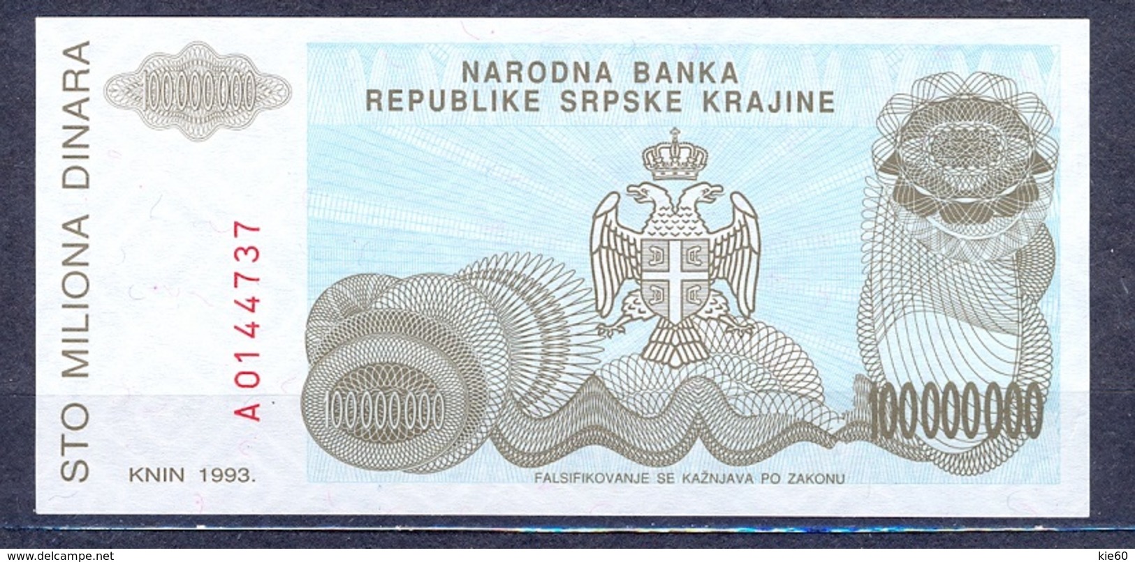 Croatia  - Knin  1993 - 100 Mil  Dinar ....UNC ..PR25 - Croatia