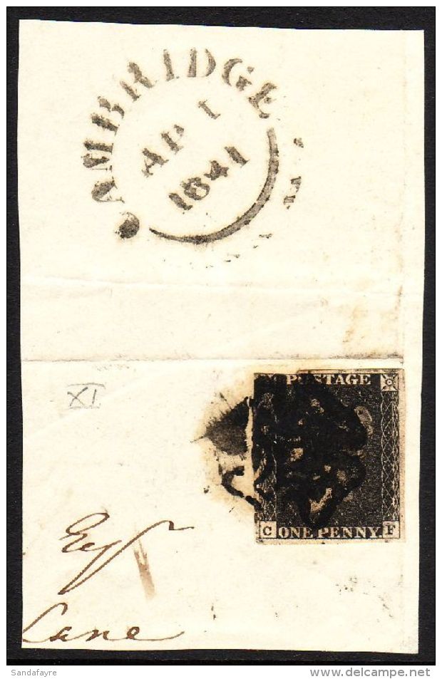 1840 1d Black 'CF' Scarce XI, SG 2, Tied To Large Piece With Black MC Pmk, Just Into At Upper Left Corner... - Sin Clasificación