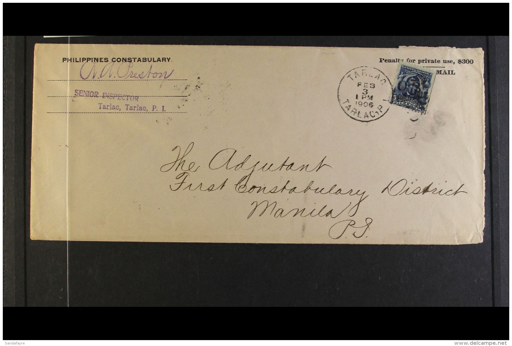 PHILIPPINES 1906 "OB" OFFICIAL HANDSTAMP On Cover. 1906 (3 Feb) Philippines Constabulary Printed Envelope... - Autres & Non Classés