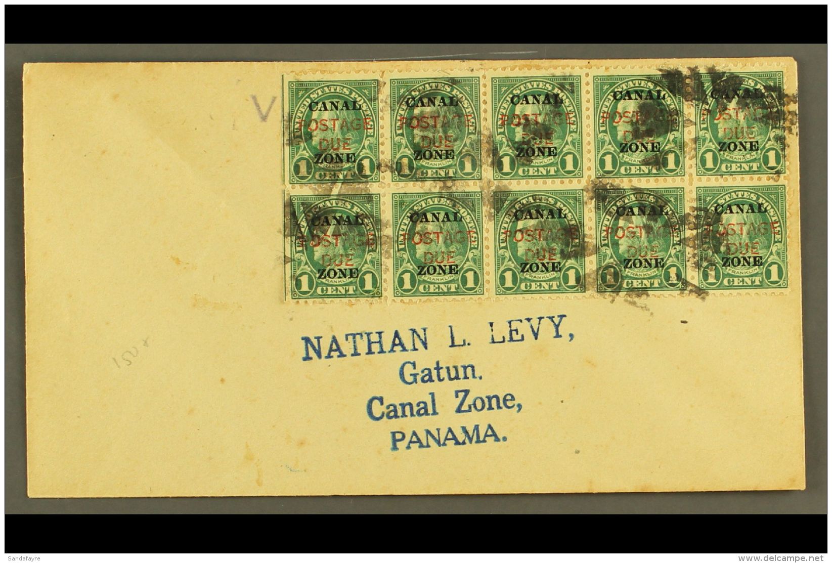 CANAL ZONE POSTAGE DUES 1925 1c Deep Green Overprint (Scott J15) Used BLOCK Of 10 On Philatelic Cover Tied By Cork... - Autres & Non Classés