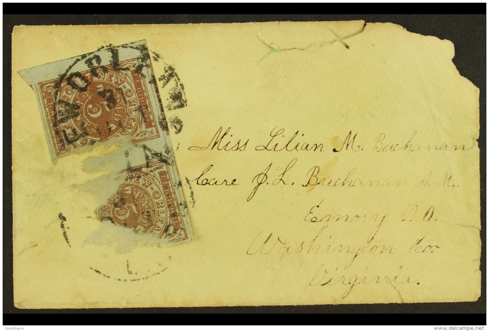 1861 NEW ORLEANS POSTMASTER'S PROVISIONAL ON COVER. 1861 5c Red-brown On Bluish Local Stamp, Scott 62X4, Badly... - Otros & Sin Clasificación