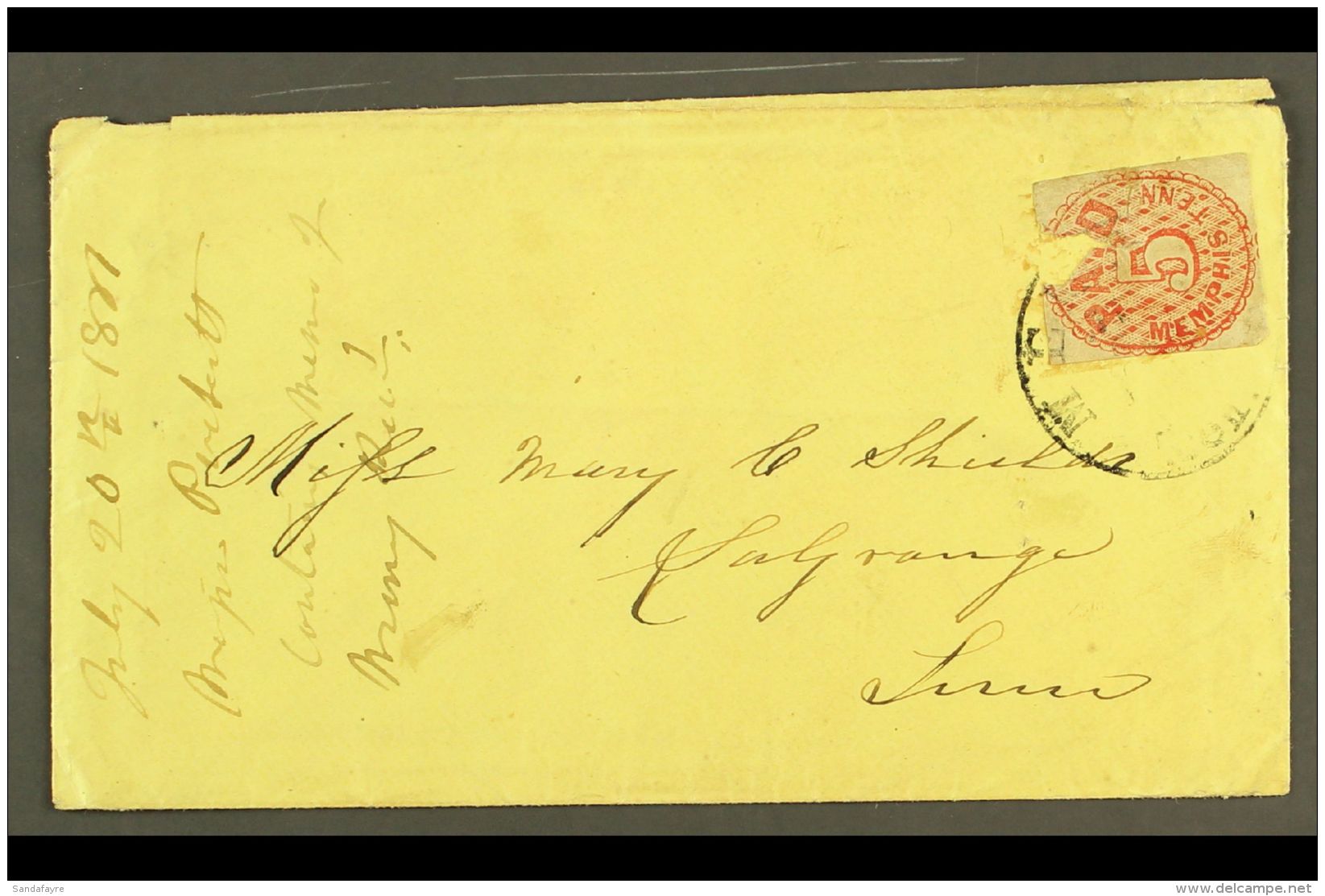 1861 MEMPHIS POSTMASTER'S PROVISIONAL ON COVER. 1861 5c Red Local Stamp, Scott 56X2, Faulty Example Used On Cover... - Otros & Sin Clasificación