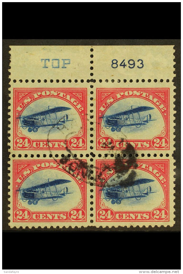 1918 AIR 24c Carmine Rose &amp; Blue "Curtiss Jenny", Sc C3, Fine Used Upper Marginal BLOCK OF FOUR With Plate... - Sonstige & Ohne Zuordnung