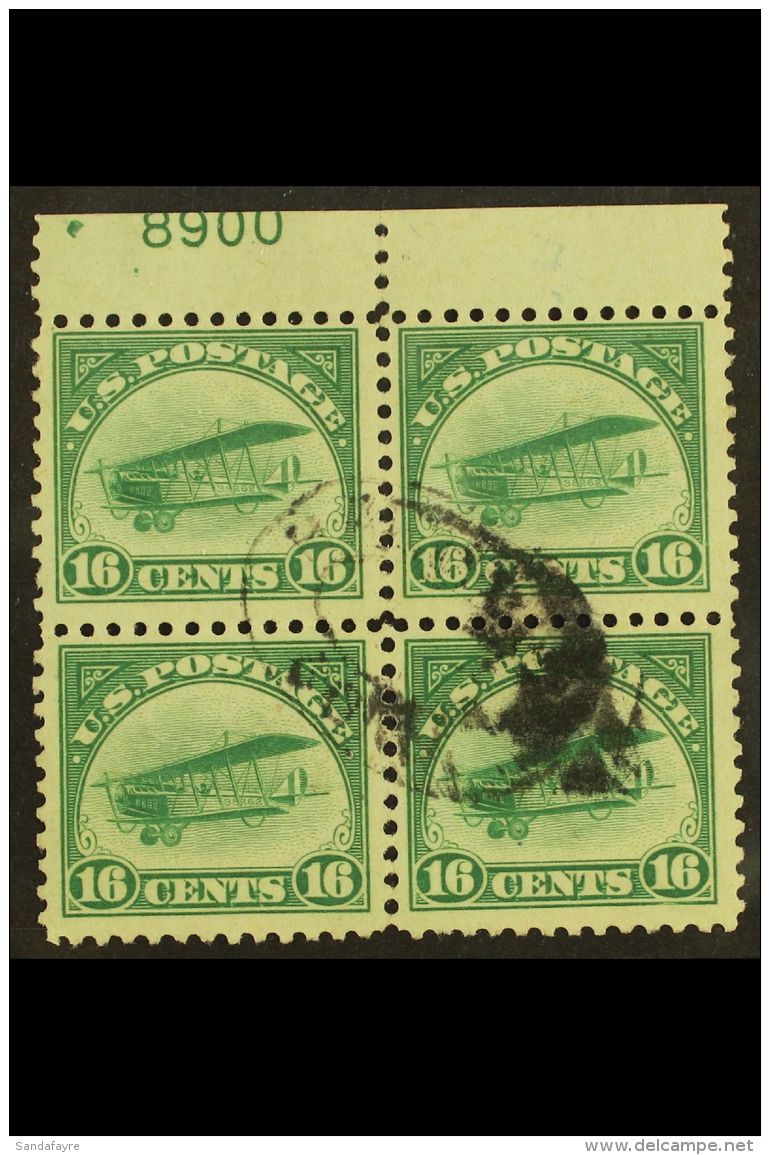 1918 AIR 16c Green "Curtiss Jenny", Sc C2, Fine Used Upper Marginal BLOCK OF FOUR With Plate Number. For More... - Sonstige & Ohne Zuordnung