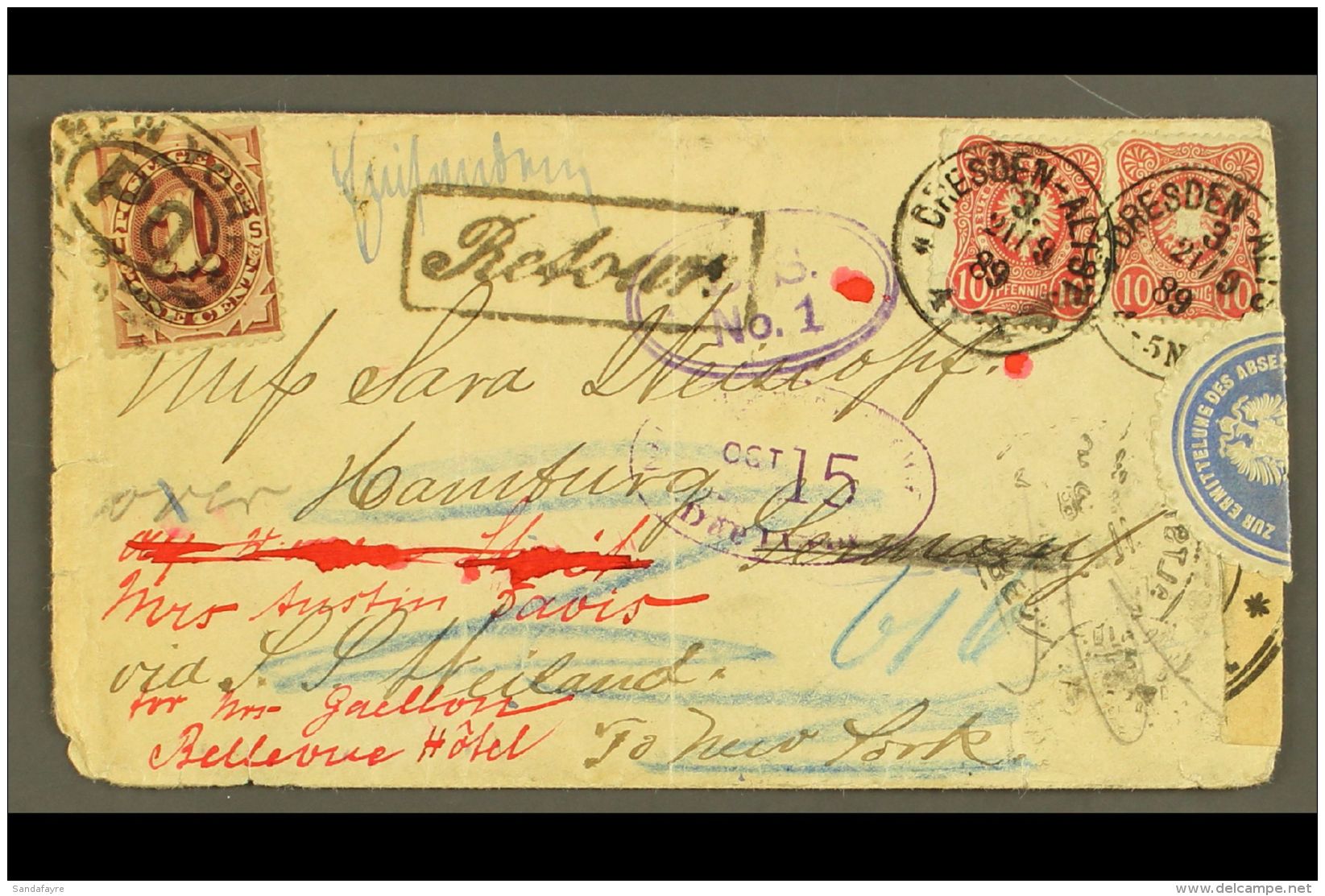 1889 REDIRECTED POSTAGE DUE COVER. (21 Sep) Interesting Cover From Germany Bearing 10pf (x2) And US Postage Due 1c... - Otros & Sin Clasificación