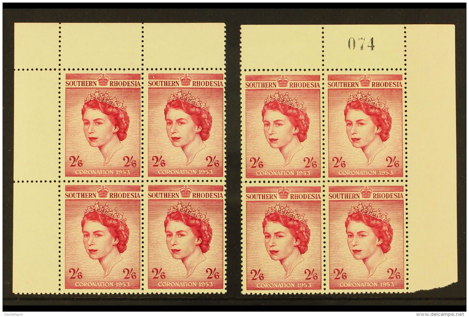 1953 Coronation 2s6d, Top Left &amp; Right Corner Blocks Of 4, Right With Sheet Number In Margin, SG 77, Never... - Südrhodesien (...-1964)