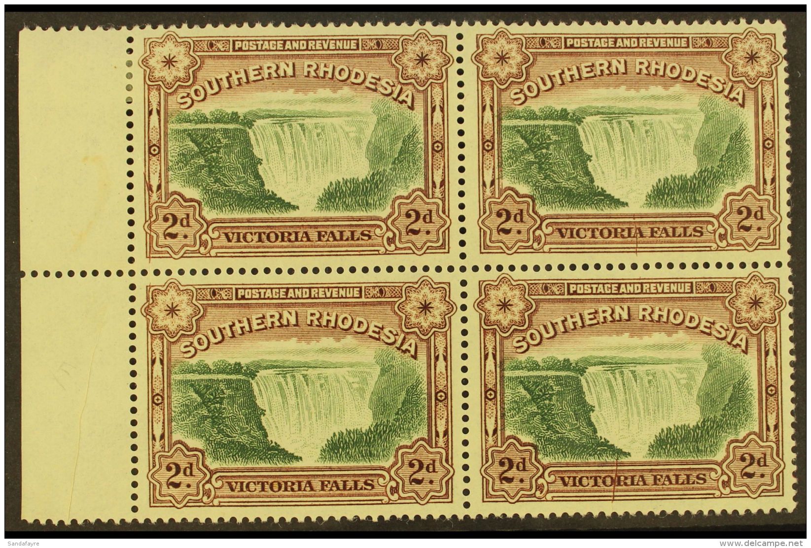 1935-41 2d Green &amp; Chocolate, Perf.14 Victoria Falls, Block Of Four With Pre-printing Paper Creases Leaving... - Rodesia Del Sur (...-1964)