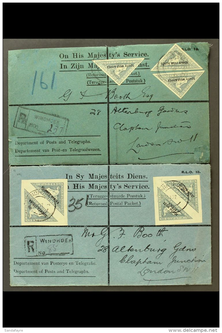 1927 Pair Of OHMS Printed Covers To The UK With WINDHOEK Registration Cachets; One Bearing Imperf 4d Triangular... - África Del Sudoeste (1923-1990)