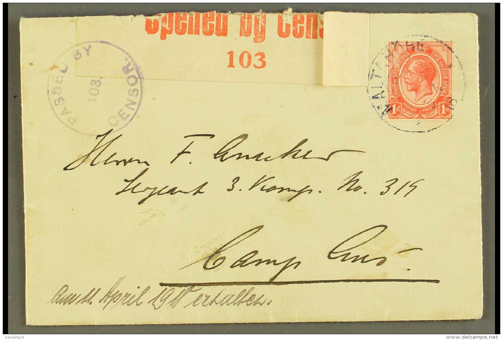 1918 (3 Apr) Cover Addressed To "Camp Aus" Bearing 1d Union Stamp Tied By Fine "MALTAHOHE" Cds Postmark, Putzel... - Südwestafrika (1923-1990)