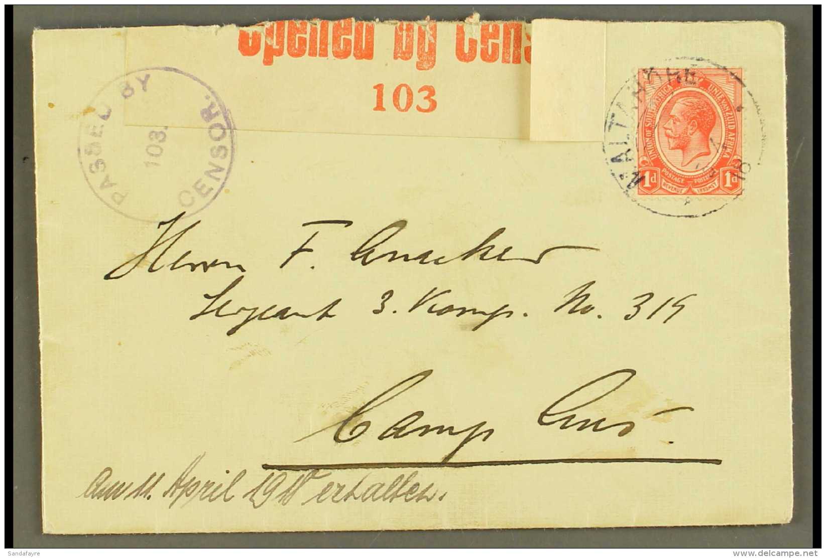 1918 (3 Apr) Cover Addressed To "Camp Aus" Bearing 1d Union Stamp Tied By Fine "MALTAHOHE" Cds Postmark, Putzel... - África Del Sudoeste (1923-1990)